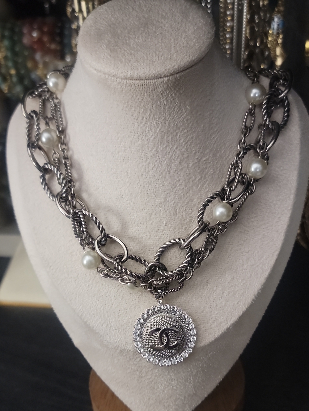 Silver-Tone Multi-Chain Pearl Necklace with CC Crystal Logo Medallion